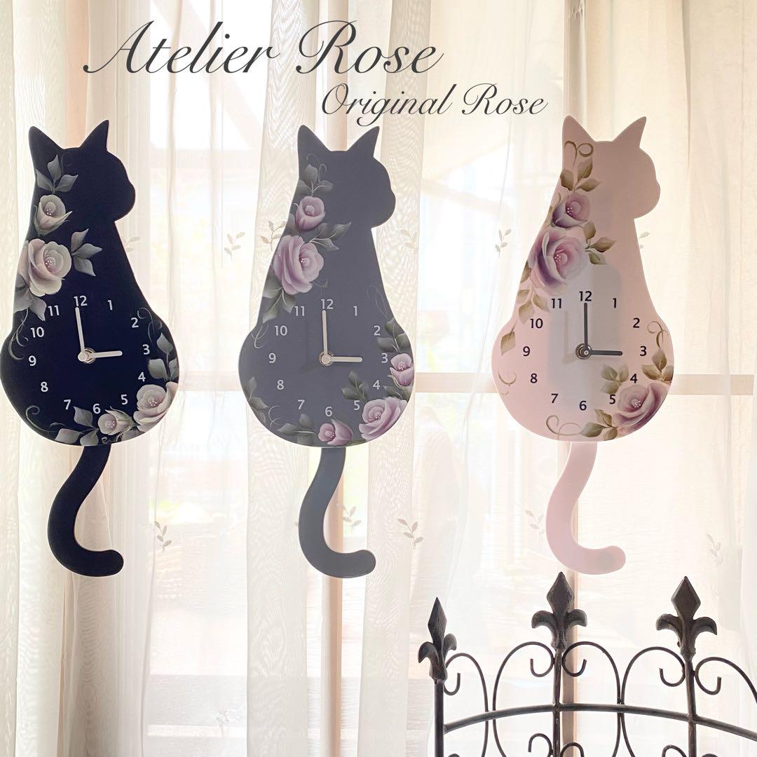手描きの薔薇　しっぽが揺れる！可愛い猫の振り子時計①ブラック
