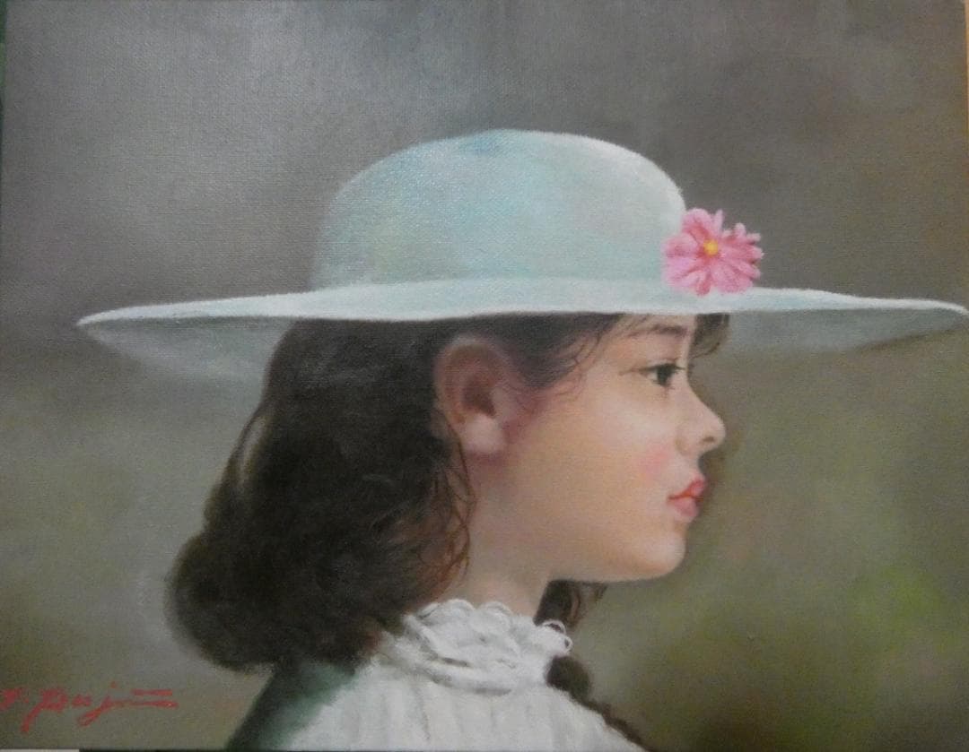 油絵　人物 額付き　藤井勉　 F6 【　野菊　】手描き