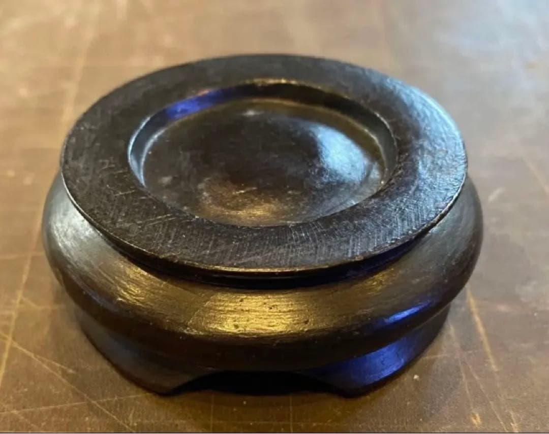 アンティーク・安南・アナミス・染付草花文小壺D4.8・唐木鑑賞台座付・２点セット