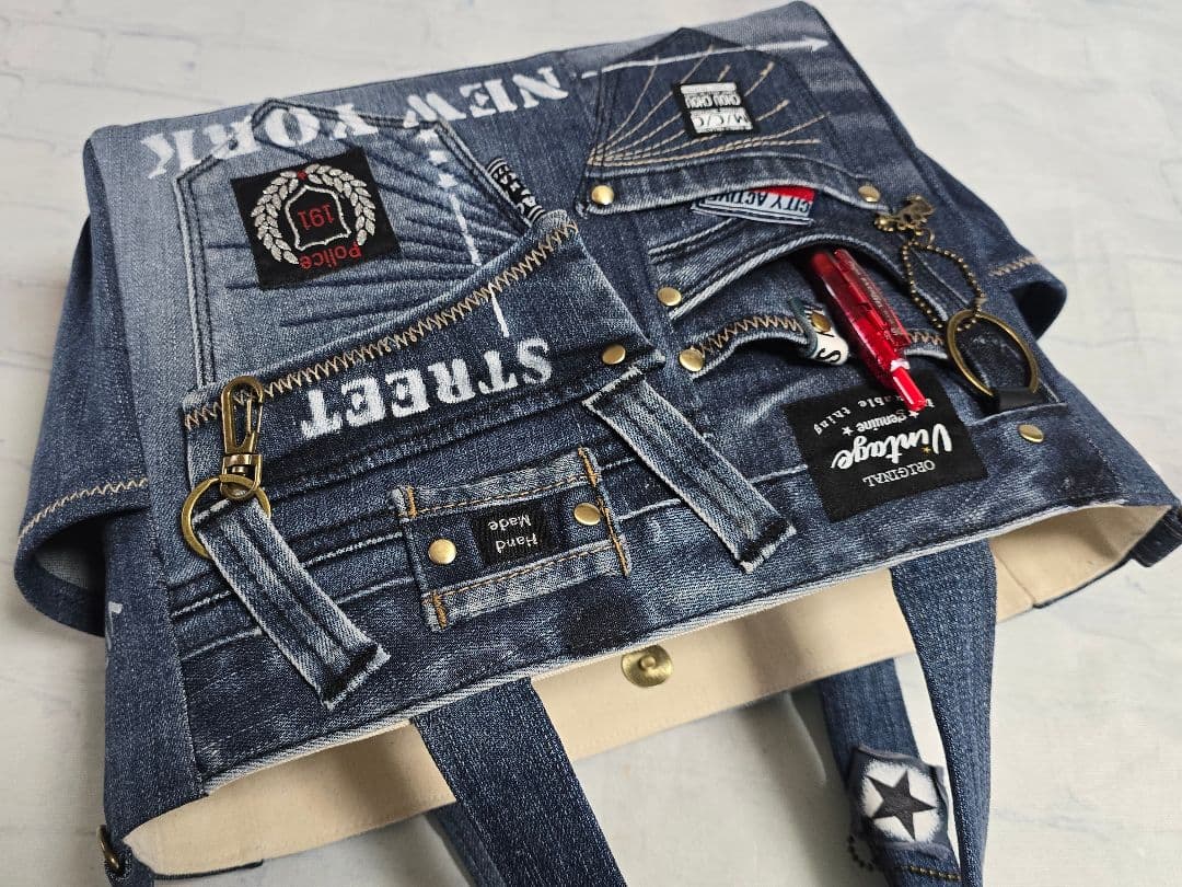 デニムリメイクトートバッグ お洒落カジュアル ストラップ付き