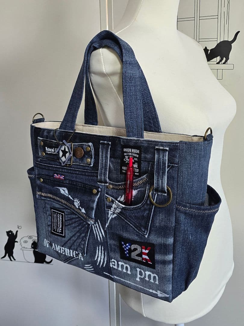 デニムリメイクトートバッグ お洒落カジュアル ストラップ付き