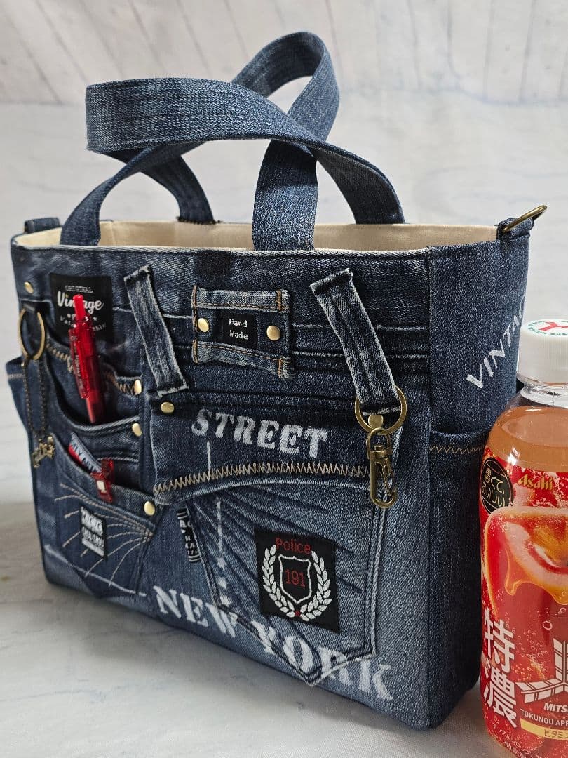 デニムリメイクトートバッグ お洒落カジュアル ストラップ付き