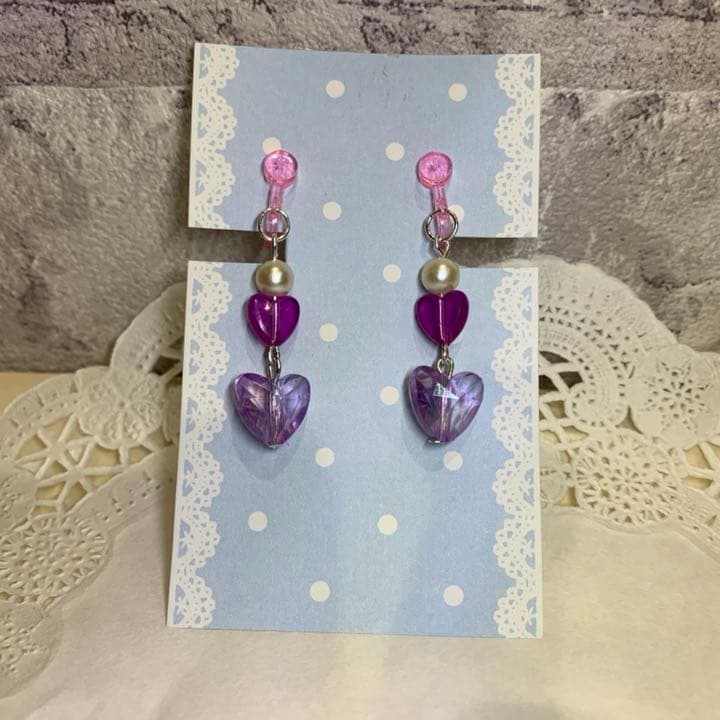 子供 ビーズ イヤリング ♡薄紫ハート♡