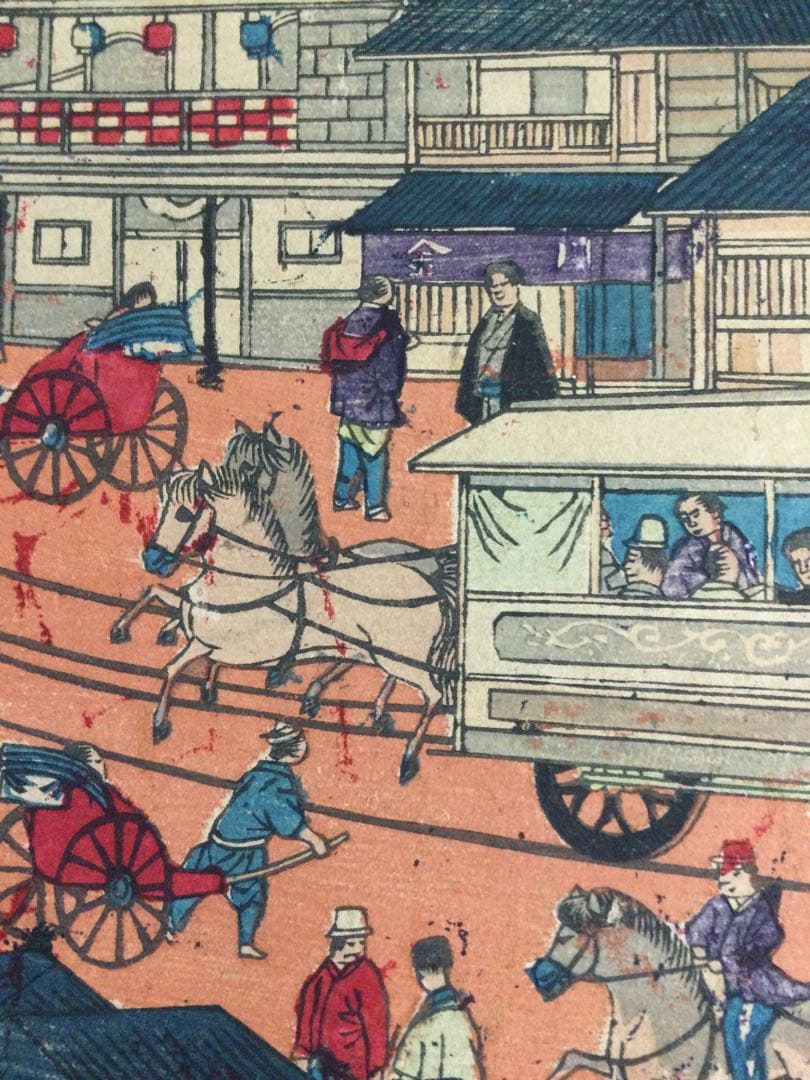版画 東京浅草金龍山並ニ鉄道馬車繁栄之図 栄斎重清画 明治十五年 T795