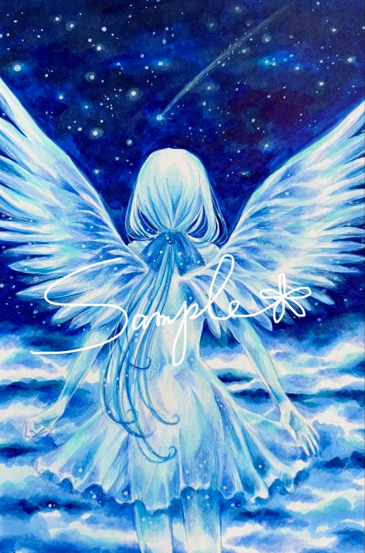 手描き イラスト オリジナル 原画 星空 光 天使
