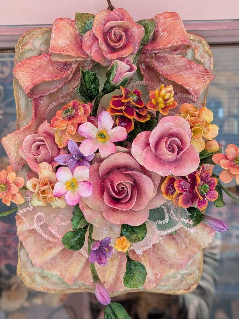 クレイフラワー❁薔薇の壁掛け兼スタンド型❁ハンドメイド