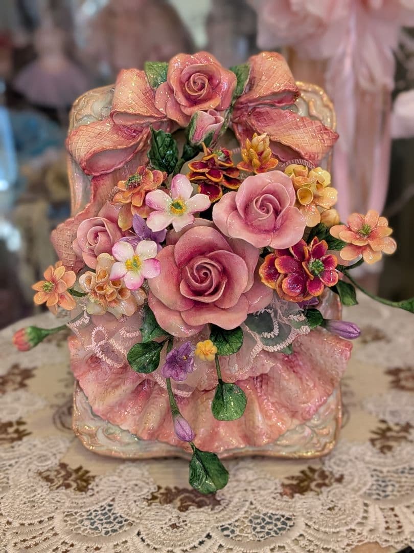 クレイフラワー❁薔薇の壁掛け兼スタンド型❁ハンドメイド