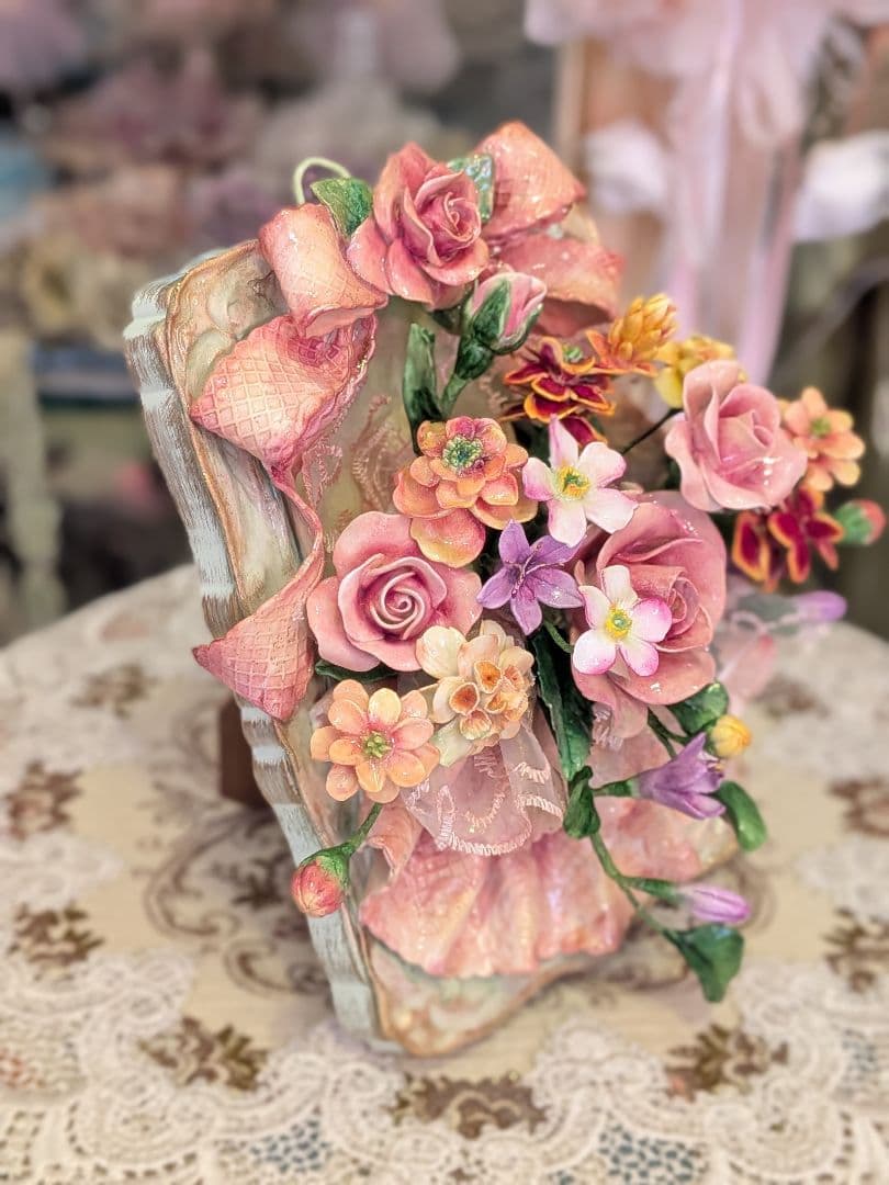 クレイフラワー❁薔薇の壁掛け兼スタンド型❁ハンドメイド