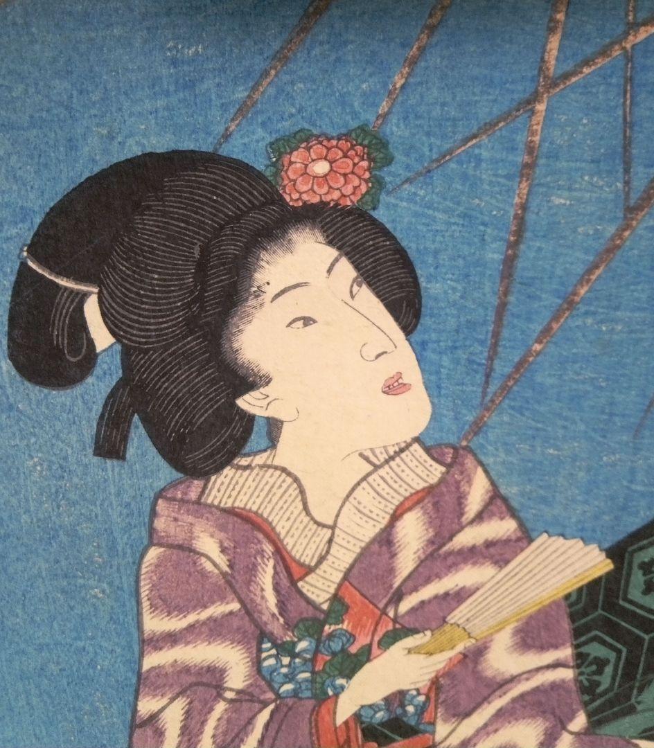 浮世絵、美人合ノ内水無月6月と美人合ノ内多月7月の二枚売り繋がってます三代豊国画
