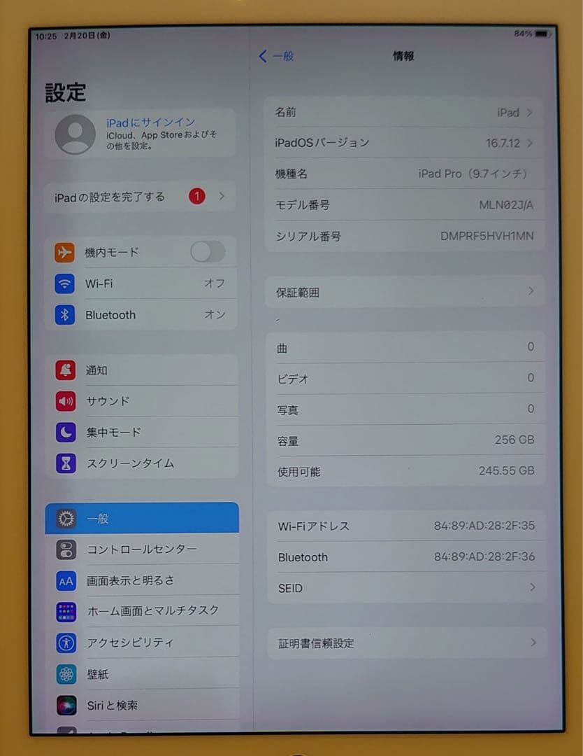 完動品iPad Pro9.7インチ(A1673)本体256GB送料込VH1MN