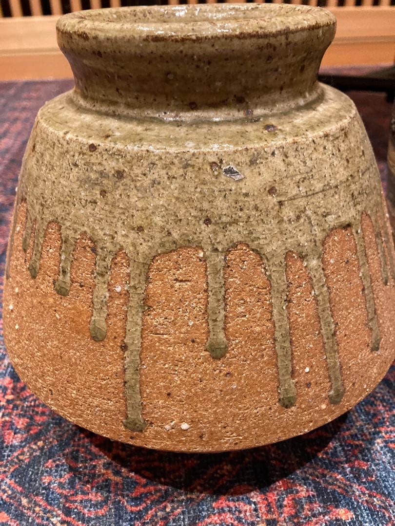 陶器の花瓶 緑と茶色の滴り模様 2点セット 美品！信楽焼/アンティーク/骨董品