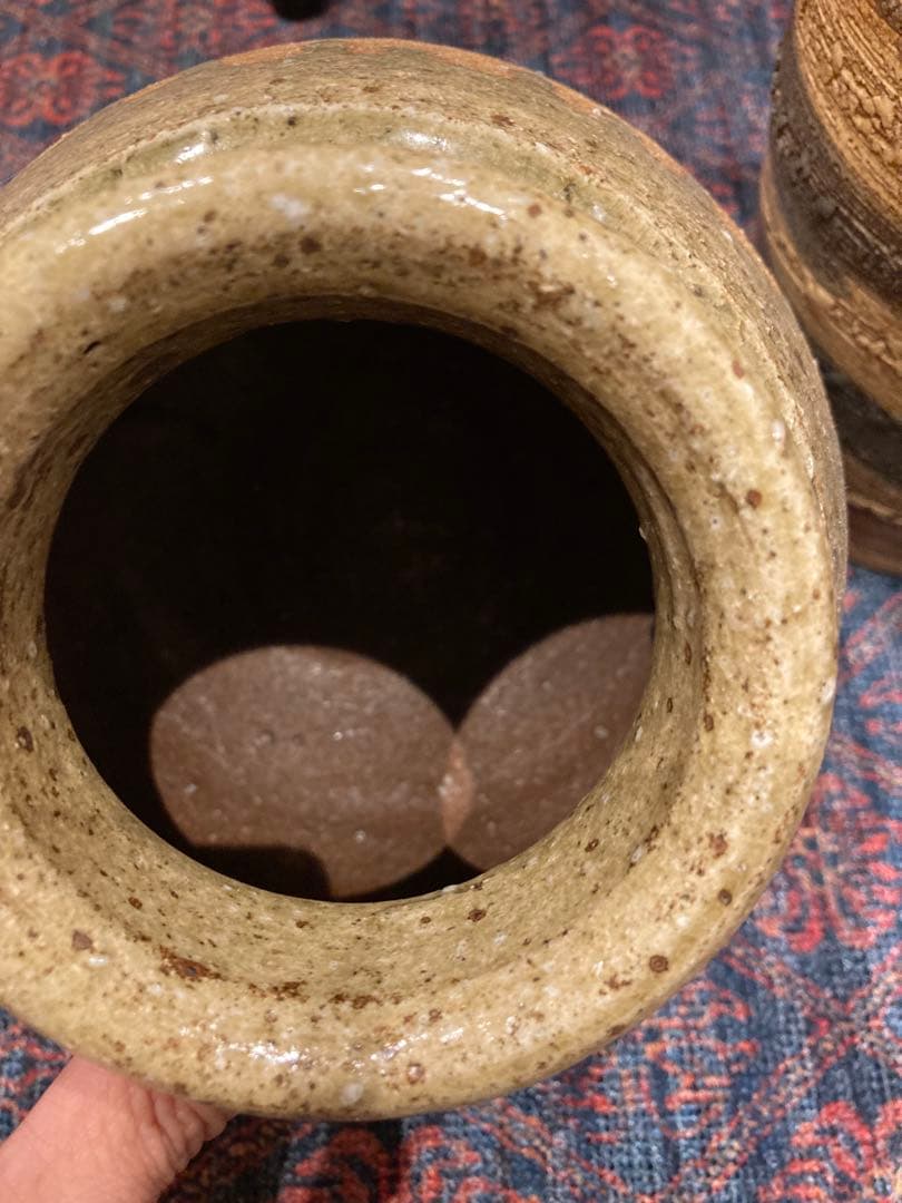 陶器の花瓶 緑と茶色の滴り模様 2点セット 美品！信楽焼/アンティーク/骨董品