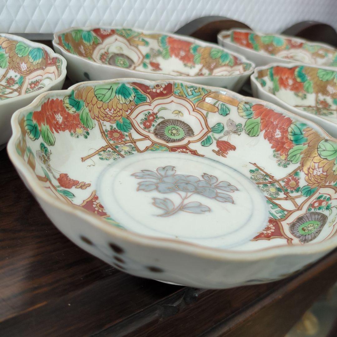 骨董　古伊万里　伊万里　色絵　金彩　器　なます皿　皿　花尽くし　5枚