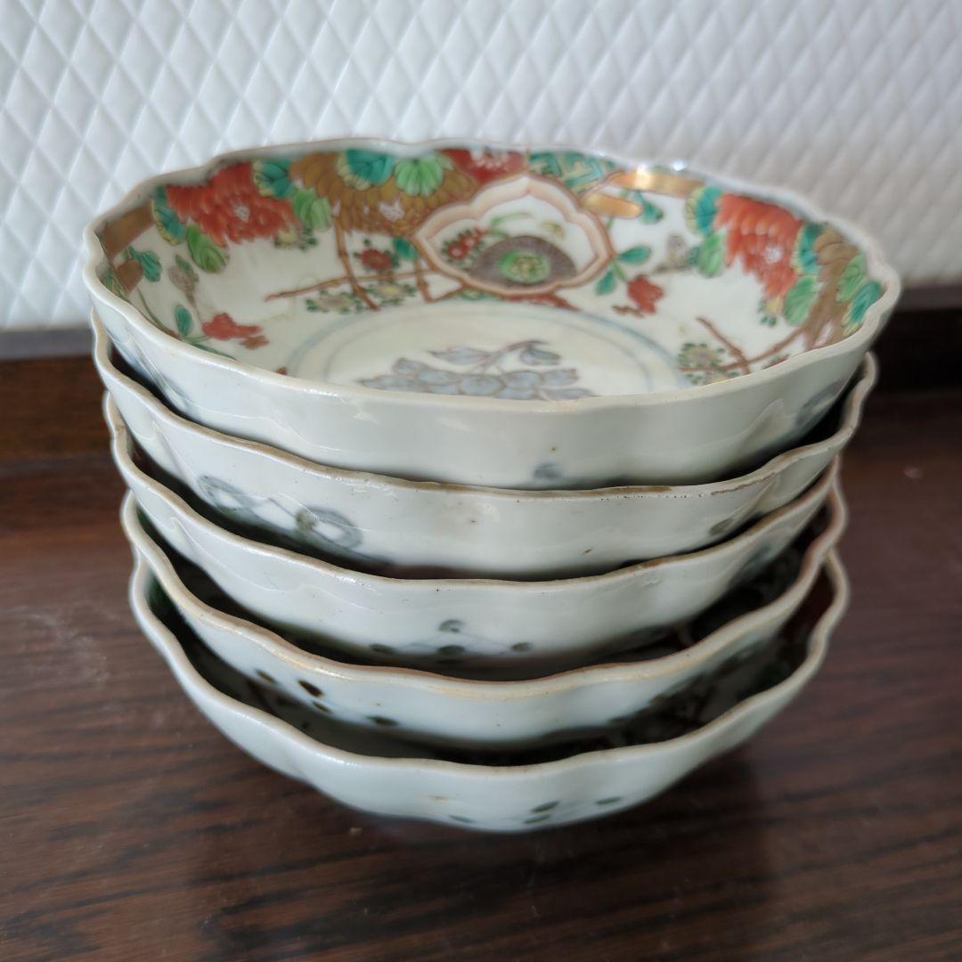 骨董　古伊万里　伊万里　色絵　金彩　器　なます皿　皿　花尽くし　5枚