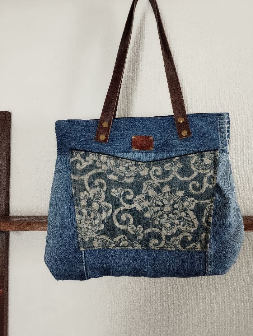 古布（う）電磁波シールド 青 襤褸＆デニム　トートバッグ　肩掛けタイプ（訳有品）
