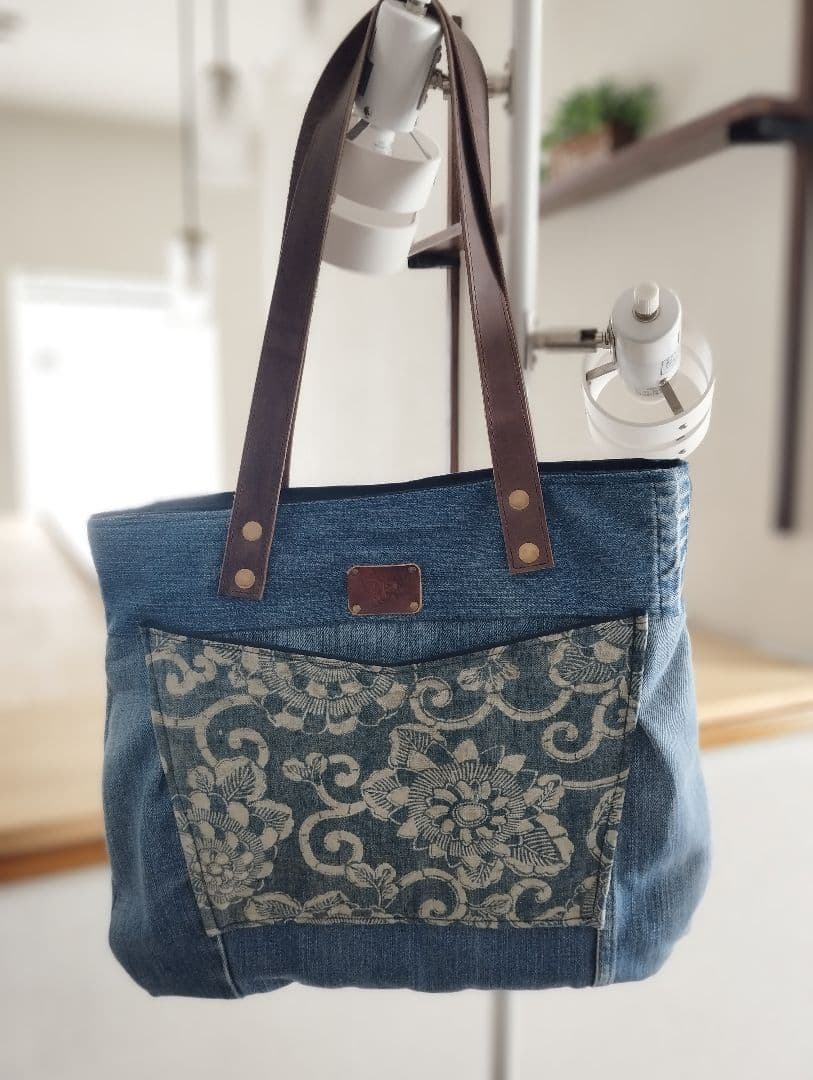 古布（う）電磁波シールド 青 襤褸＆デニム　トートバッグ　肩掛けタイプ（訳有品）