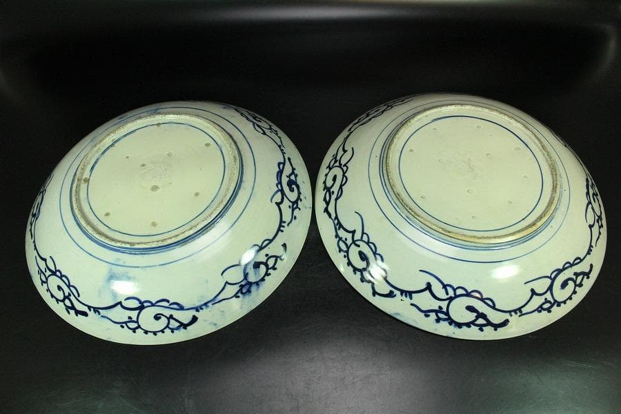 古伊万里 微塵唐草模様 大皿 一対 φ38cm 印判(K-XA701)