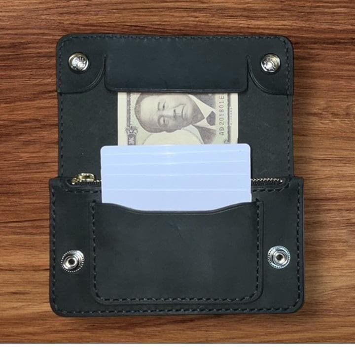 ①ミドルトラッカーウォレット/姫路レザー黒色/ホックシルバー/小判カンシルバー