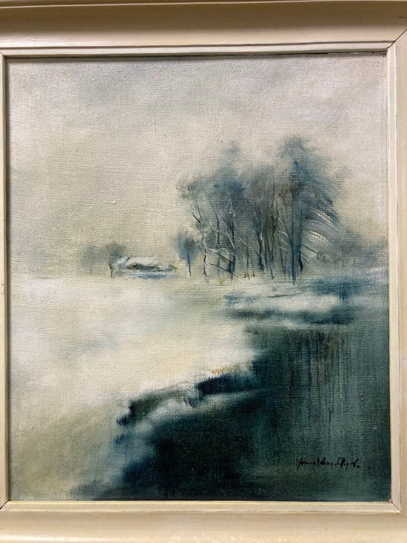 油彩 油絵 肉筆 ポーランド画家【ヤニナ・Ｂ・ポピエル】「(仮)湖畔の冬」サイン