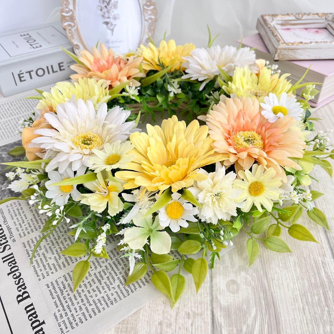めー様 オーダー 春まち フラワーリース オレンジ イエロー ガーベラ O22