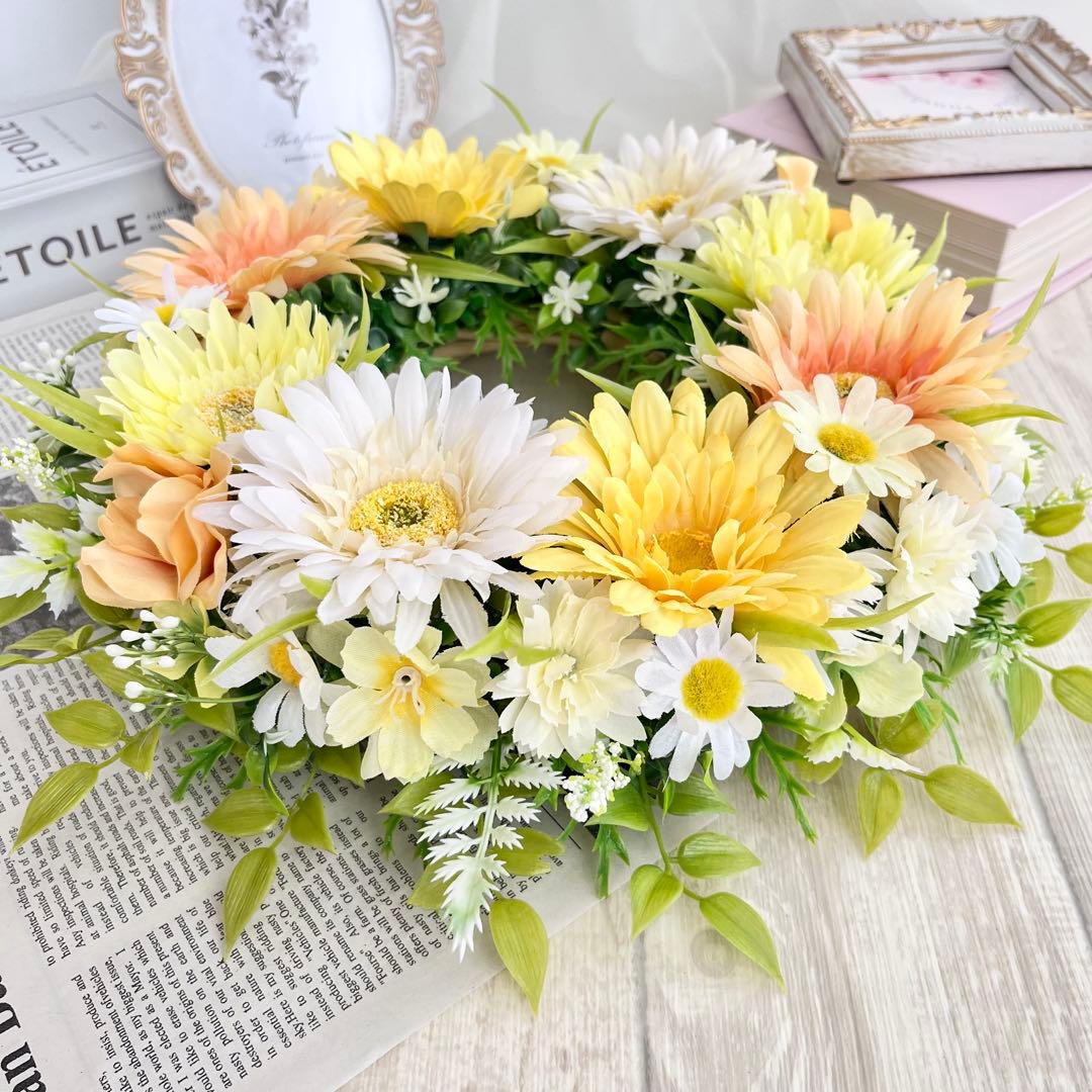めー様 オーダー 春まち フラワーリース オレンジ イエロー ガーベラ O22