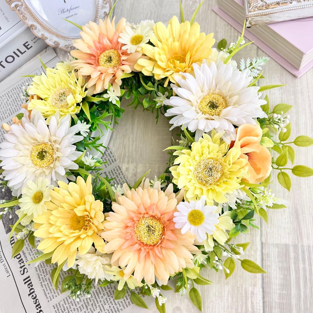 めー様 オーダー 春まち フラワーリース オレンジ イエロー ガーベラ O22