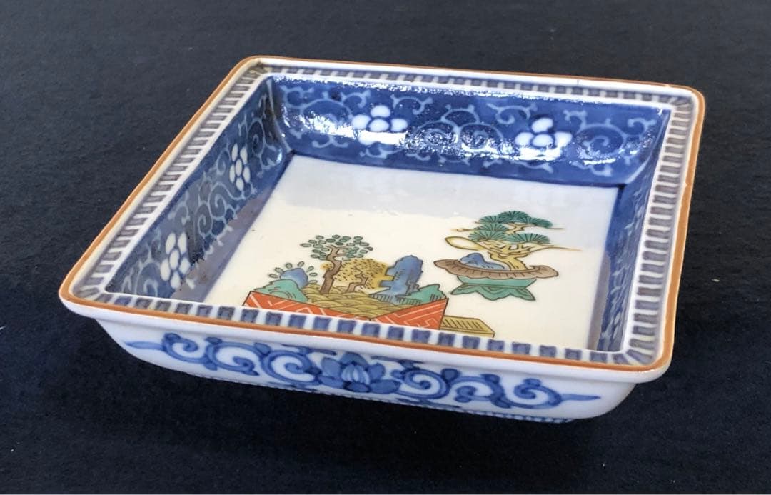 《R》九谷焼 色絵 盆栽図 角皿5客 時代　1f