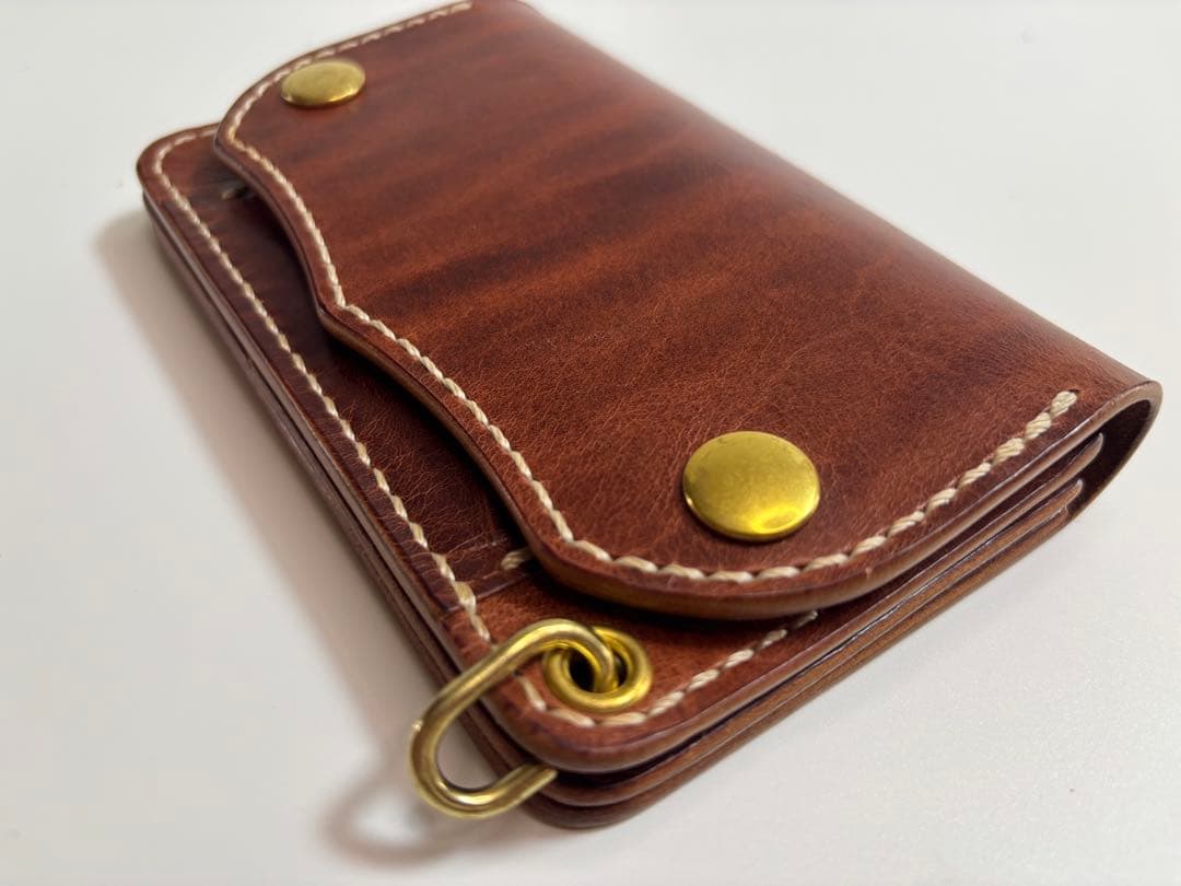 ダークブラウン　ヌメ革　トラッカーウォレット　三層　真鍮　レザークラフト