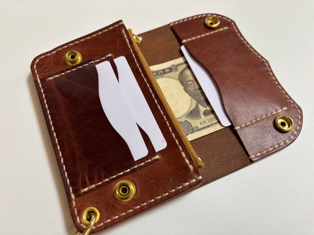 ダークブラウン　ヌメ革　トラッカーウォレット　三層　真鍮　レザークラフト