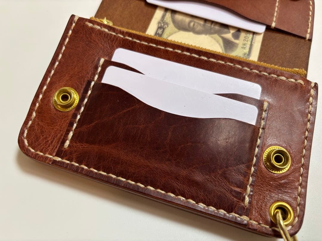 ダークブラウン　ヌメ革　トラッカーウォレット　三層　真鍮　レザークラフト