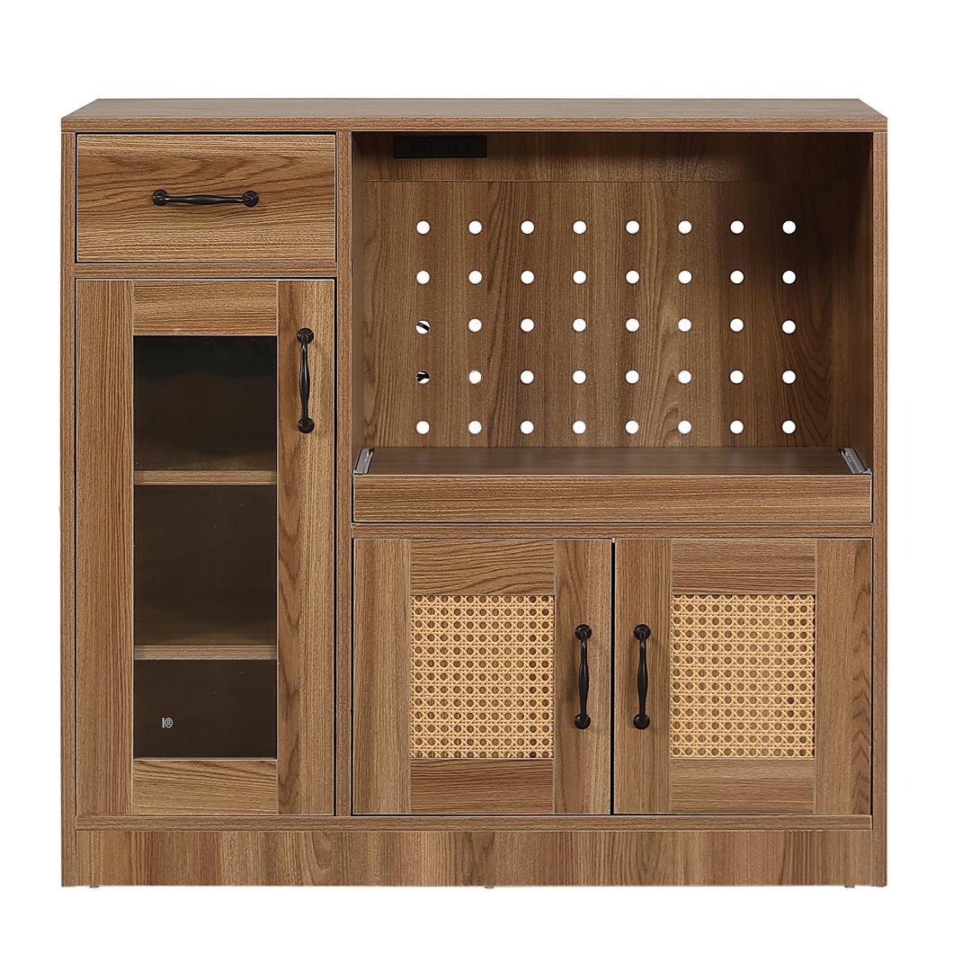 ラタン調キッチンカウンター　幅88cm　引き出し付き・扉付き　BROWN