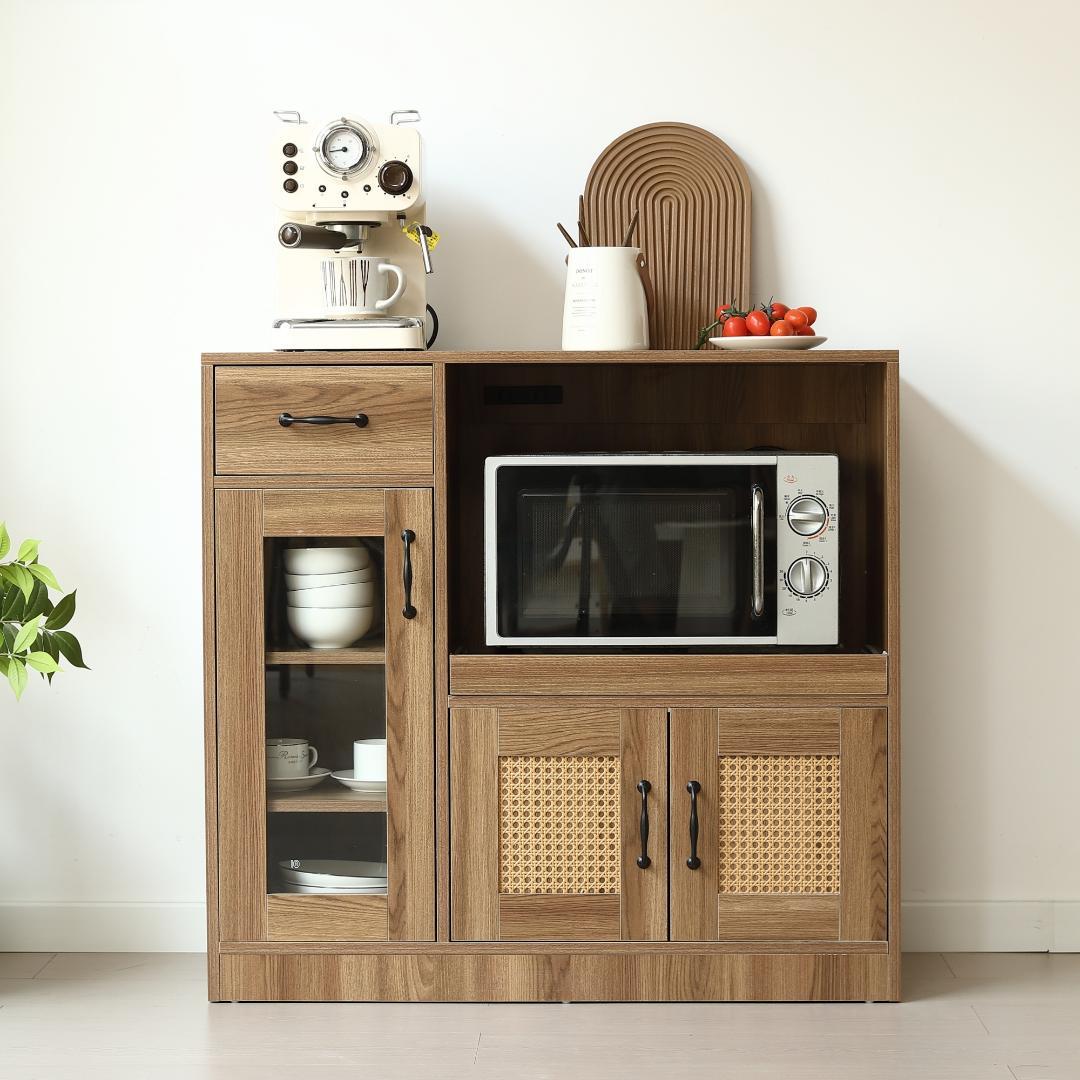 ラタン調キッチンカウンター　幅88cm　引き出し付き・扉付き　BROWN