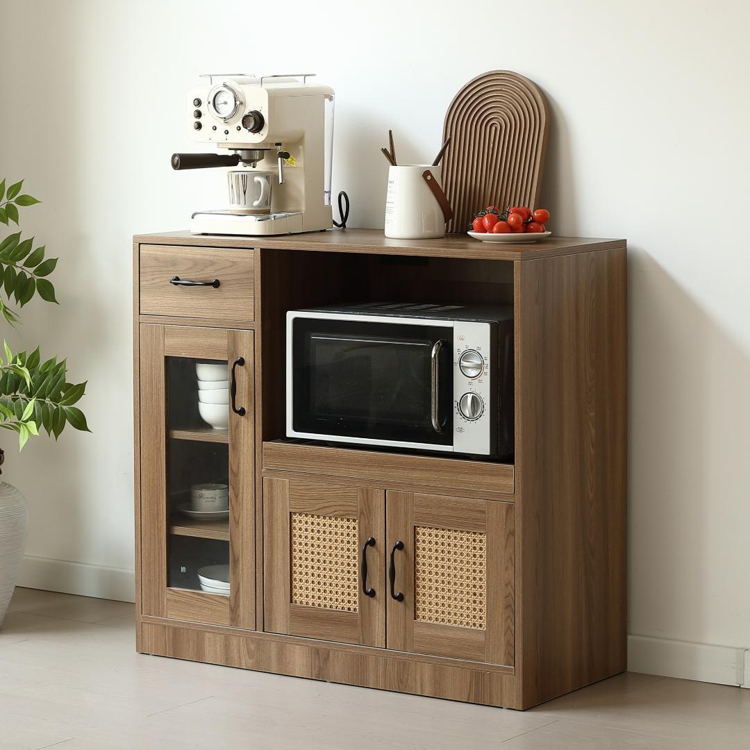 ラタン調キッチンカウンター　幅88cm　引き出し付き・扉付き　BROWN