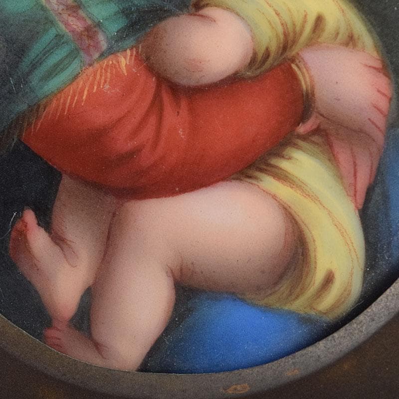 キリスト教　陶器製　聖像画　イコン　聖母子　銅製フレーム　M　R9408