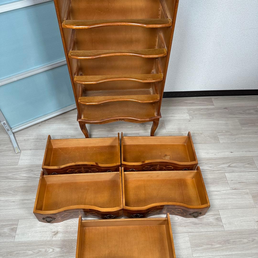 イタリア製 チェスト 5段5杯 象嵌 真鍮取手 猫脚 i4※