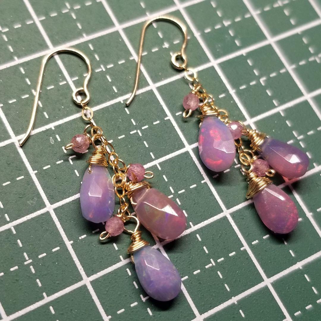 14kgfパープルカラーオパール&小粒カラーハーキマーダイヤモンドピアス