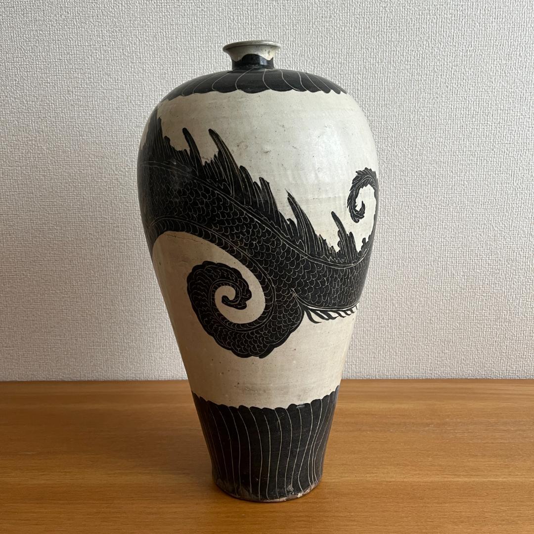 北宋〜金 磁州窯 掻落し龍文 梅瓶 高41.2cm φ20.4cm