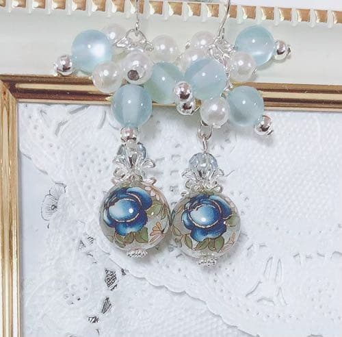 クリア青薔薇転写ビーズ♡ジャラジャラピアス