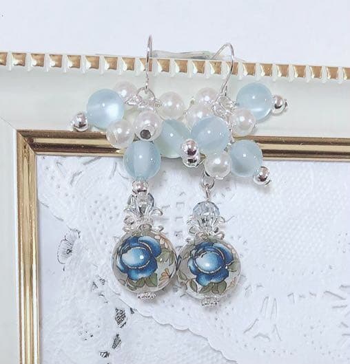 クリア青薔薇転写ビーズ♡ジャラジャラピアス