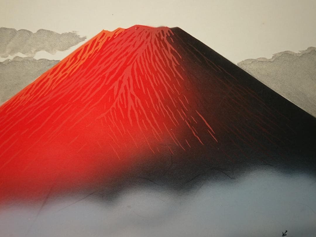 赤富士　風景画　水墨画　色紙絵　置物　インテリア　工芸品　美術品　A2890