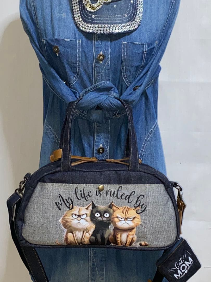 ハンドメイド☆岡山デニム☆トラ猫☆3way横長ボストンバッグ