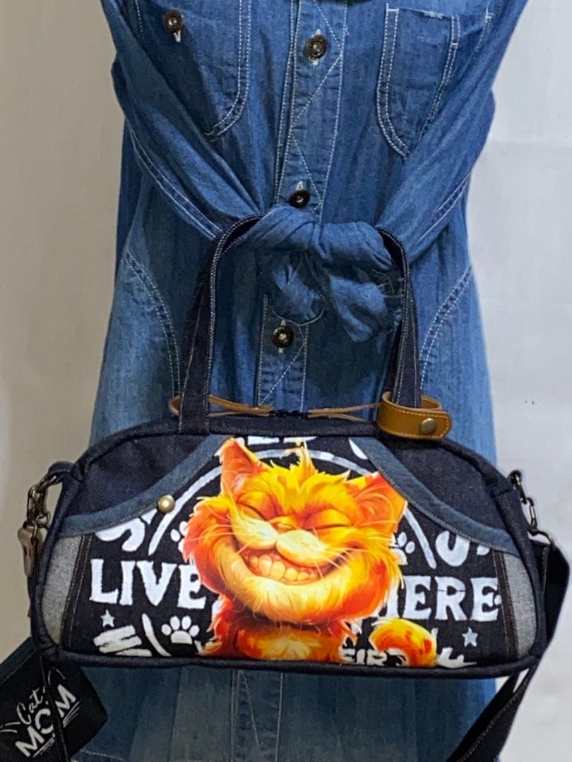 ハンドメイド☆岡山デニム☆トラ猫☆3way横長ボストンバッグ