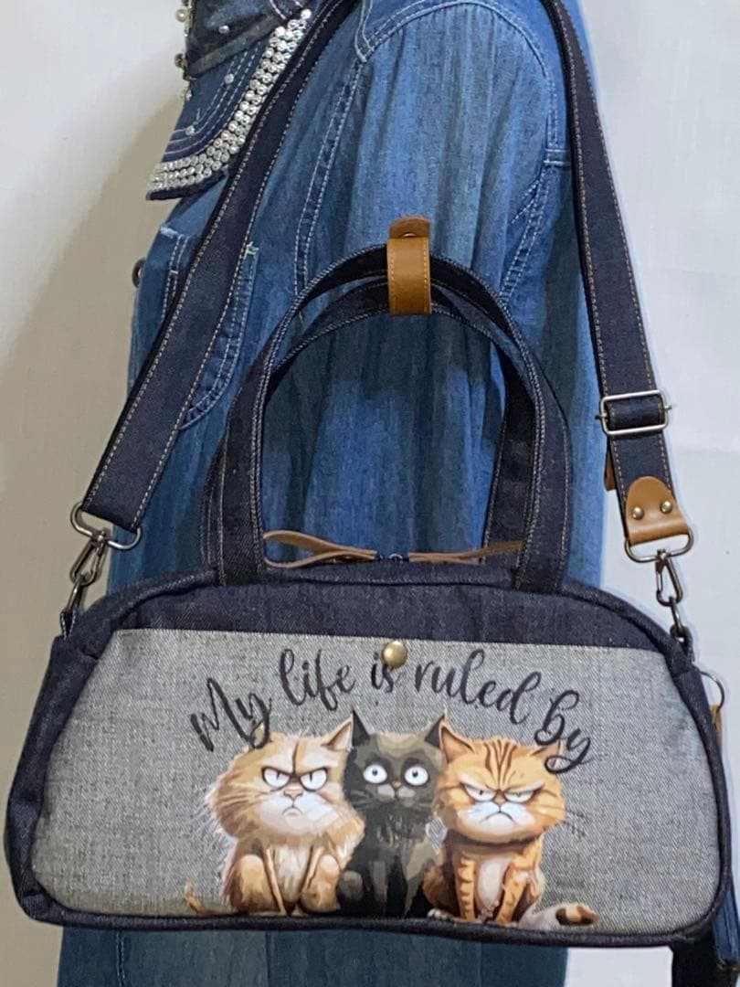 ハンドメイド☆岡山デニム☆トラ猫☆3way横長ボストンバッグ