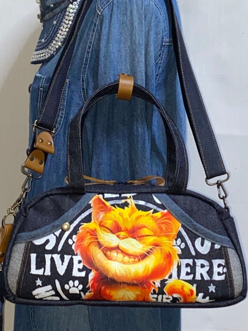 ハンドメイド☆岡山デニム☆トラ猫☆3way横長ボストンバッグ