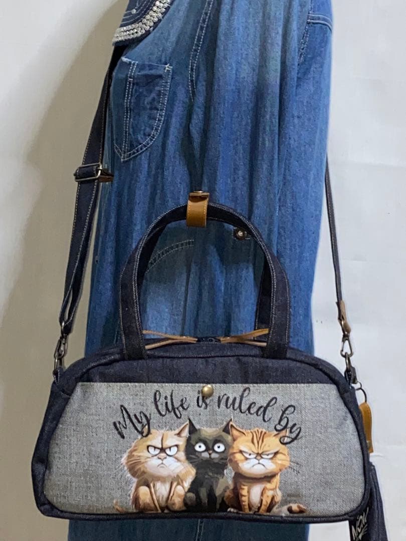 ハンドメイド☆岡山デニム☆トラ猫☆3way横長ボストンバッグ