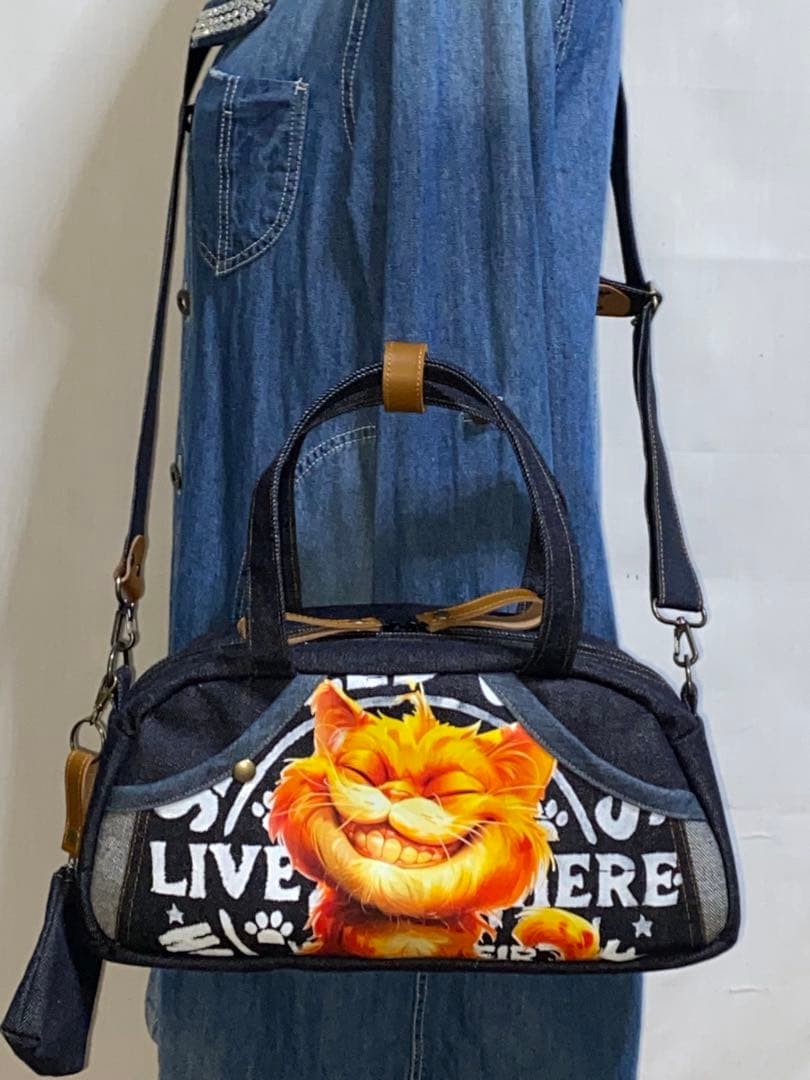 ハンドメイド☆岡山デニム☆トラ猫☆3way横長ボストンバッグ