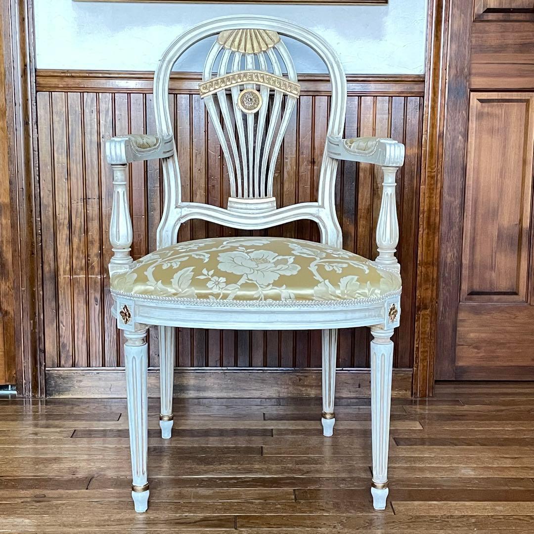 フランスアンティーク ロココ様式アームチェア☆ゴールド薔薇柄ファブリック 張替済