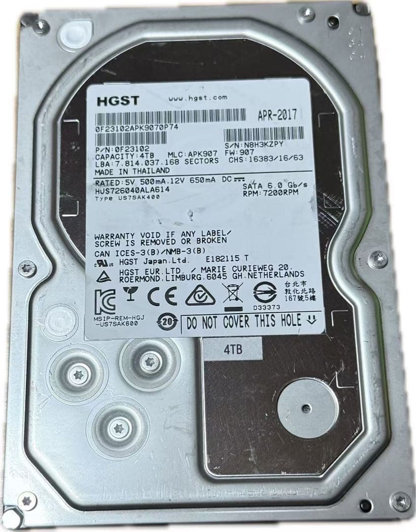 外付けハードディスク・ドライブ HGST HUS726040ALA614 4TB HDD 120203
