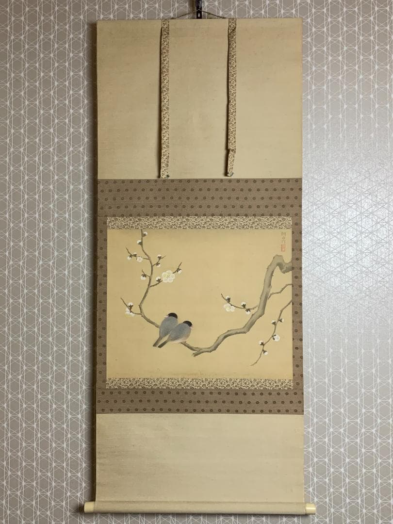 小林柯白 梅花小禽図 絹本肉筆 掛軸 光穂識箱 安田靫彦師事 842