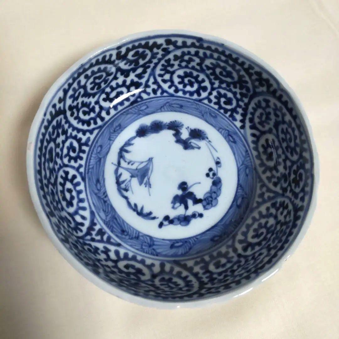 古伊万里 染付 たこ唐草 なます皿(2客) 富貴長春 時代物 骨董